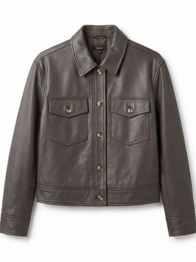 100% Leather Cropped Jacket in Rich Brown Button up